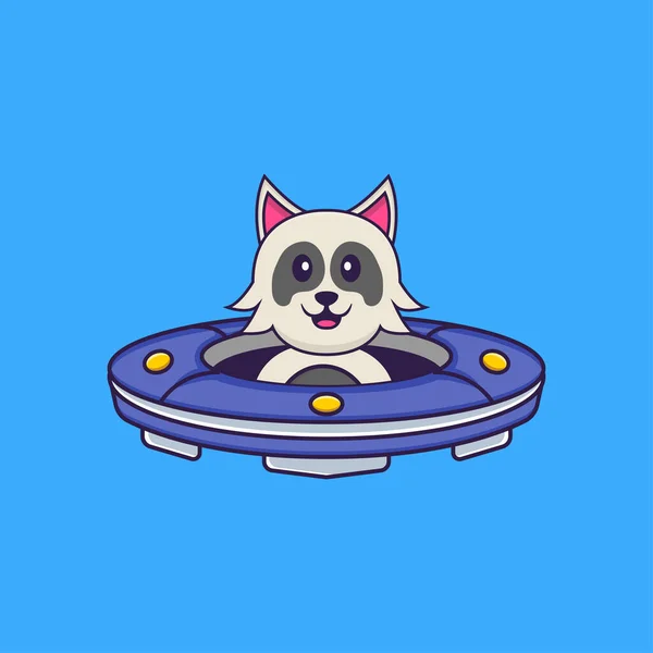 Lindo Perro Conduciendo Nave Espacial Ufo Animal Concepto Dibujos Animados — Vector de stock