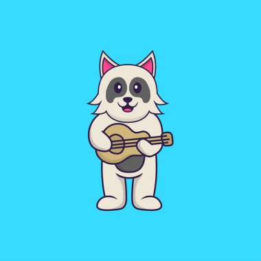 Gitar çalan sevimli bir köpek. Hayvan çizgi film kavramı izole edildi. Tişört, tebrik kartı, davetiye kartı ya da maskot olarak kullanılabilir..