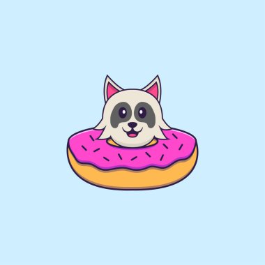 Boynunda donut olan sevimli bir köpek. Hayvan çizgi film kavramı izole edildi. Tişört, tebrik kartı, davetiye kartı ya da maskot olarak kullanılabilir..