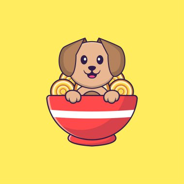 Erişte yiyen şirin köpek. Hayvan çizgi film kavramı izole edildi. Tişört, tebrik kartı, davetiye kartı ya da maskot olarak kullanılabilir..