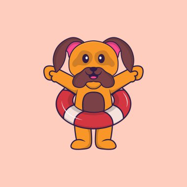 Şamandıra kullanan sevimli bir köpek. Hayvan çizgi film kavramı izole edildi. Tişört, tebrik kartı, davetiye kartı ya da maskot olarak kullanılabilir..