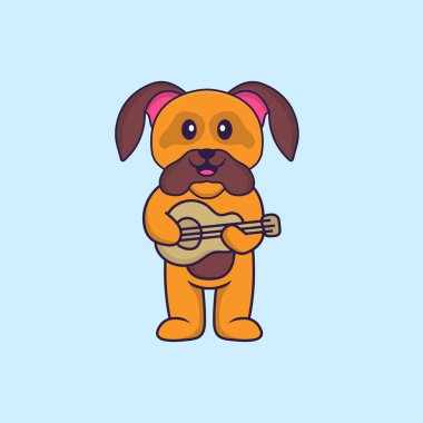 Gitar çalan sevimli bir köpek. Hayvan çizgi film kavramı izole edildi. Tişört, tebrik kartı, davetiye kartı ya da maskot olarak kullanılabilir..