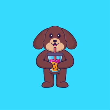 Şirin köpek Boba sütlü çay içiyor. Hayvan çizgi film kavramı izole edildi. Tişört, tebrik kartı, davetiye kartı ya da maskot olarak kullanılabilir..