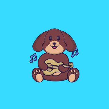 Gitar çalan sevimli bir köpek. Hayvan çizgi film kavramı izole edildi. Tişört, tebrik kartı, davetiye kartı ya da maskot olarak kullanılabilir..