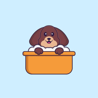Küvette banyo yapan sevimli bir köpek. Hayvan çizgi film kavramı izole edildi. Tişört, tebrik kartı, davetiye kartı ya da maskot olarak kullanılabilir..