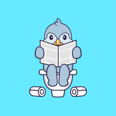 Tuvaletin üstüne kakasını yapan ve gazete okuyan sevimli bir kuş. Hayvan çizgi film kavramı izole edildi. Tişört, tebrik kartı, davetiye kartı ya da maskot olarak kullanılabilir..