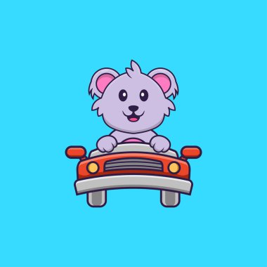 Şirin koala sürüyor. Hayvan çizgi film kavramı izole edildi. Tişört, tebrik kartı, davetiye kartı ya da maskot olarak kullanılabilir..