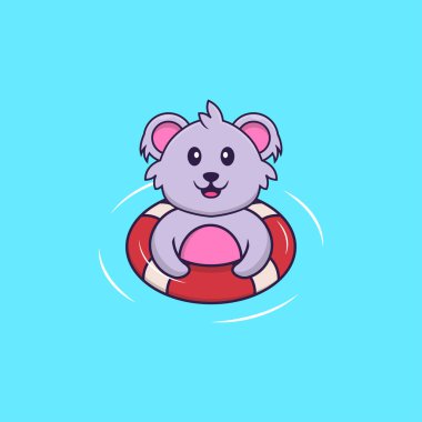 Şirin koala şamandırayla yüzüyor. Hayvan çizgi film kavramı izole edildi. Tişört, tebrik kartı, davetiye kartı ya da maskot olarak kullanılabilir..