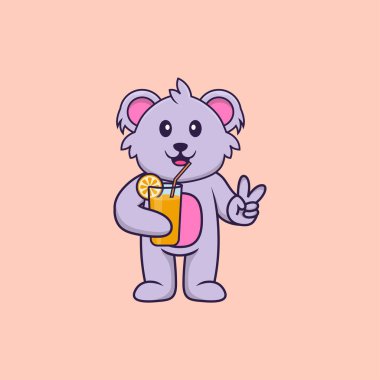 Cam içinde portakal suyu tutan sevimli koala. Hayvan çizgi film kavramı izole edildi. Tişört, tebrik kartı, davetiye kartı ya da maskot olarak kullanılabilir..