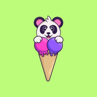 Tatlı dondurmalı şirin panda. Hayvan çizgi film kavramı izole edildi. Tişört, tebrik kartı, davetiye kartı ya da maskot olarak kullanılabilir..