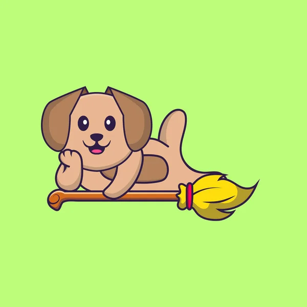 Netter Hund Auf Dem Zauberbesen Liegend Animal Cartoon Konzept Isoliert — Stockvektor
