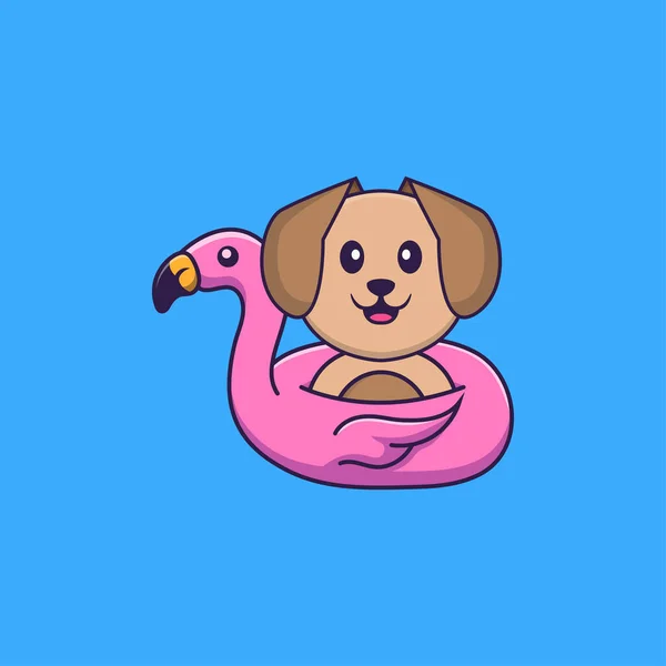 Cão Bonito Com Bóia Flamingo Animal Desenho Animado Conceito Isolado — Vetor de Stock