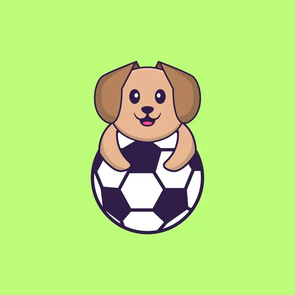 かわいい犬がサッカーをしている 動物の漫画の概念は孤立した Tシャツ グリーティングカード 招待カード マスコットに使用できます — ストックベクタ