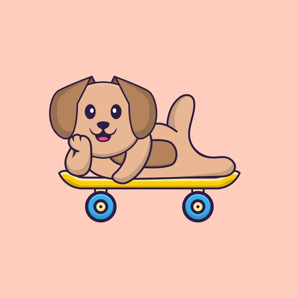 可爱的狗躺在滑板上 动物漫画的概念是孤立的 可用于T恤衫 请柬或吉祥物 — 图库矢量图片