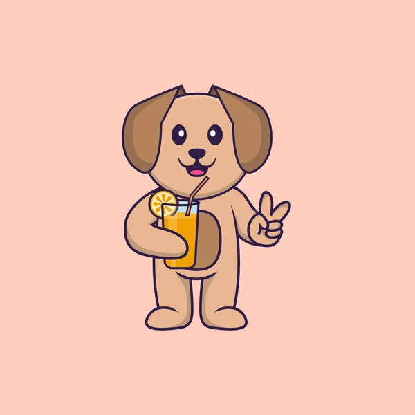 オレンジジュースをグラスに入れた可愛い犬 動物の漫画の概念は孤立した Tシャツ グリーティングカード 招待カード マスコットに使用できます — ストックベクタ
