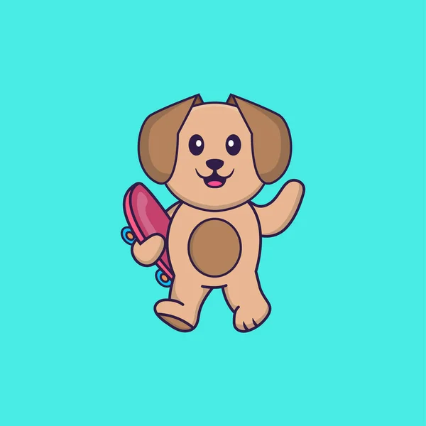 スケートボードを持ってかわいい犬 動物の漫画の概念は孤立した Tシャツ グリーティングカード 招待カード マスコットに使用できます — ストックベクタ