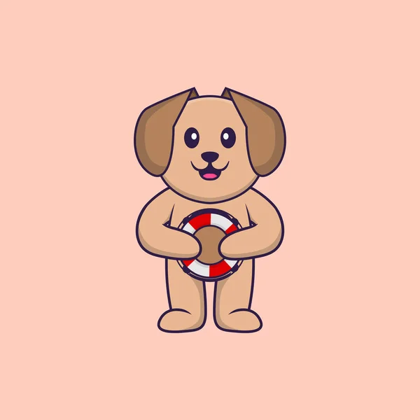 可愛い犬がブイを持ってる 動物の漫画の概念は孤立した Tシャツ グリーティングカード 招待カード マスコットに使用できます — ストックベクタ