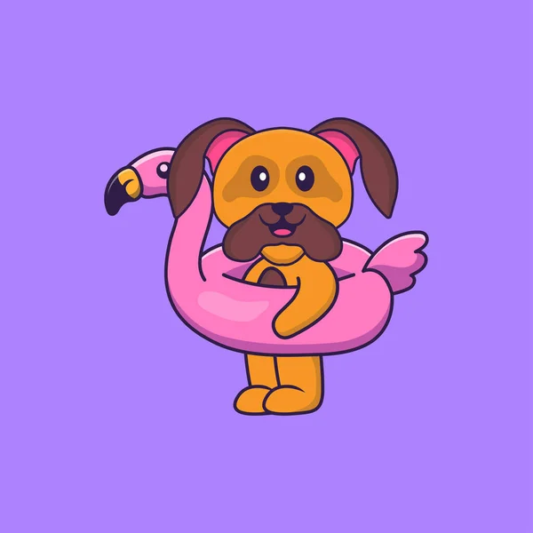 Mignon Chien Avec Bouée Flamant Rose Concept Dessin Animé Animal — Image vectorielle