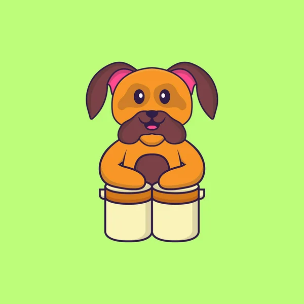 Cão Bonito Está Tocando Bateria Animal Desenho Animado Conceito Isolado — Vetor de Stock