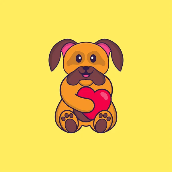 Lindo Perro Sosteniendo Gran Corazón Rojo Animal Concepto Dibujos Animados — Vector de stock