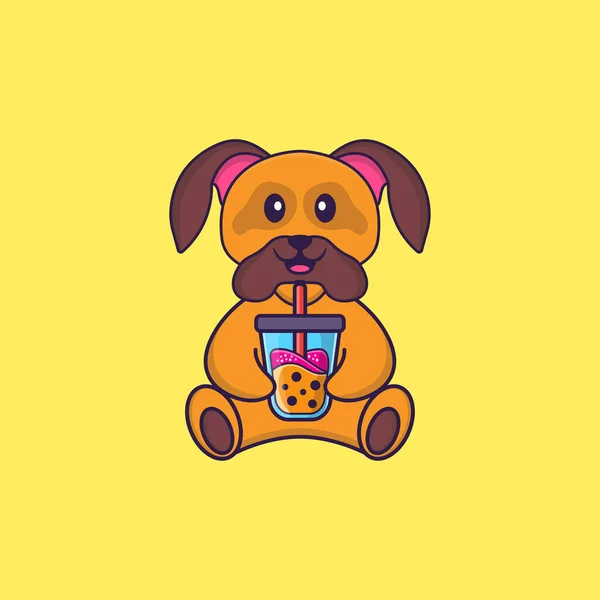 かわいい犬ボバミルクティーを飲む 動物の漫画の概念は孤立した Tシャツ グリーティングカード 招待カード マスコットに使用できます — ストックベクタ