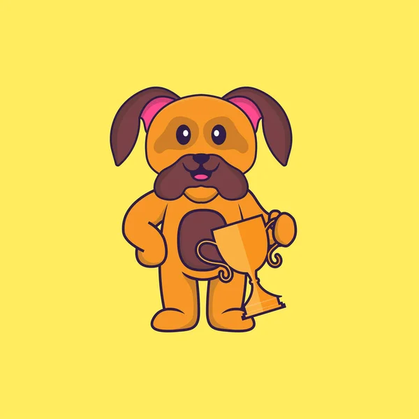Χαριτωμένο Σκυλί Που Κρατάει Χρυσό Τρόπαιο Έννοια Κινουμένων Σχεδίων Ζώων — Διανυσματικό Αρχείο