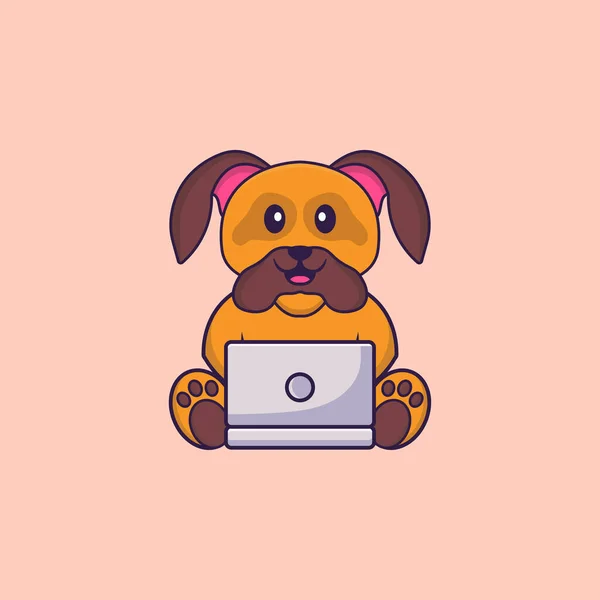 Cute Dog Using Laptop Animal Cartoon Concept Isolated Can Used — Stock Vector