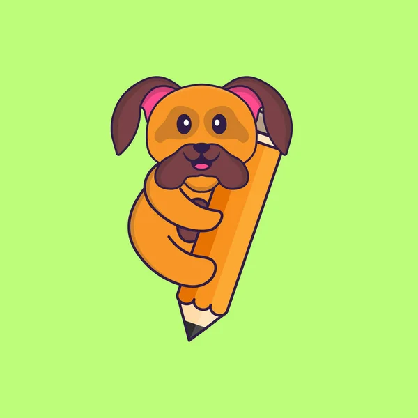 可爱的狗拿着铅笔 动物漫画的概念是孤立的 可用于T恤衫 请柬或吉祥物 — 图库矢量图片