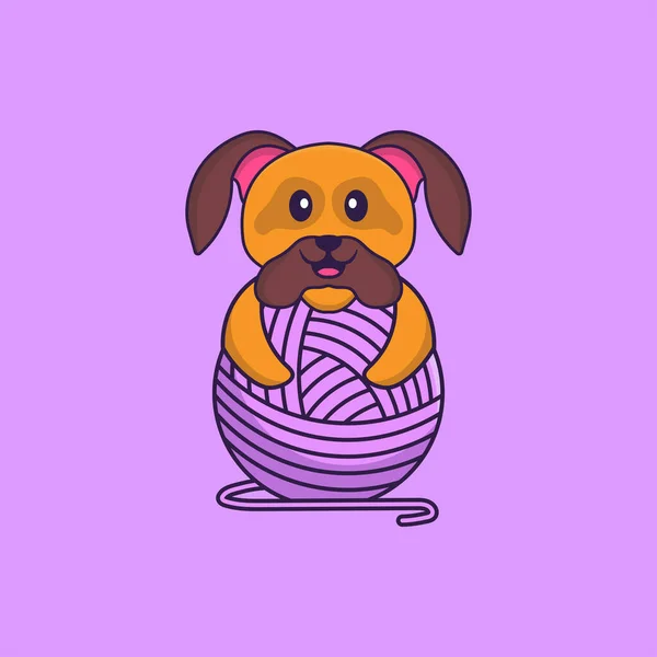 Cute Dog Playing Wool Yarn Animal Cartoon Concept Isolated Can — Stock Vector