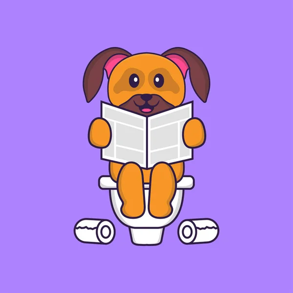 Chien Mignon Caca Sur Les Toilettes Lire Journal Concept Dessin — Image vectorielle