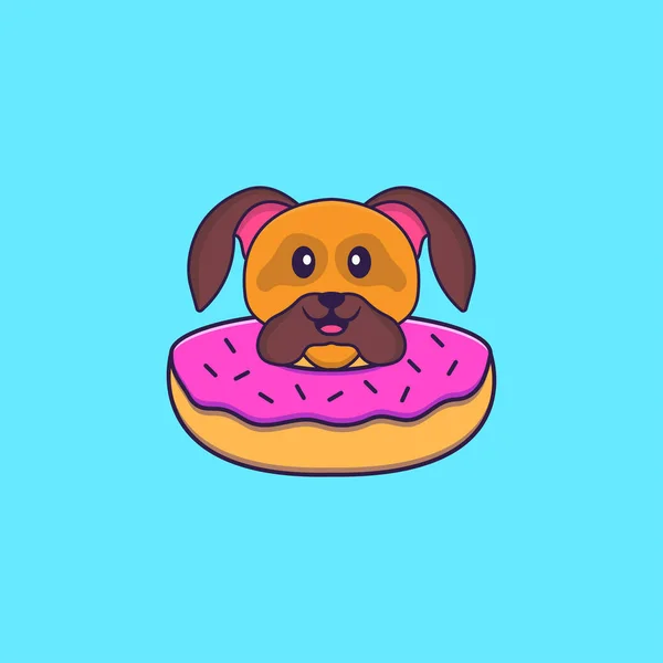 Cão Bonito Com Donut Pescoço Animal Desenho Animado Conceito Isolado — Vetor de Stock