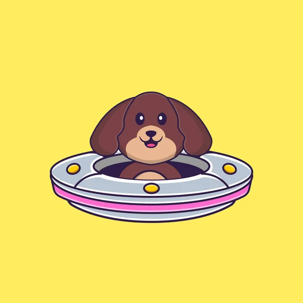 Cão Bonito Dirigindo Nave Espacial Ufo Animal Desenho Animado Conceito — Vetor de Stock