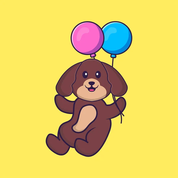 Χαριτωμένο Σκυλί Που Πετάει Δύο Μπαλόνια Έννοια Κινουμένων Σχεδίων Ζώων — Διανυσματικό Αρχείο