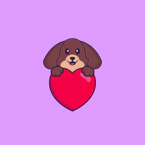 Lindo Perro Sosteniendo Gran Corazón Rojo Animal Concepto Dibujos Animados — Archivo Imágenes Vectoriales