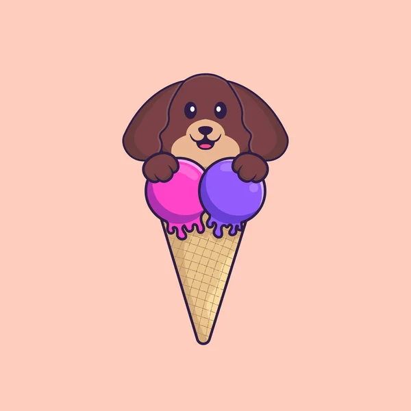 Mignon Chien Avec Crème Glacée Sucrée Concept Dessin Animé Animal — Image vectorielle