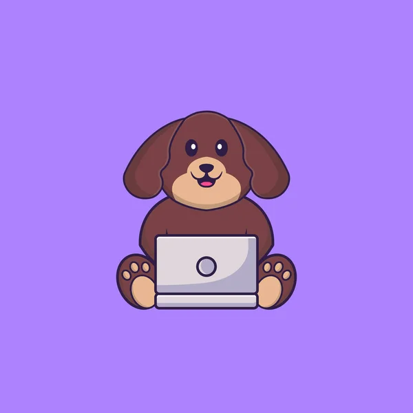 Roztomilý Pes Používající Notebook Animální Kreslený Koncept Izolovaný Lze Použít — Stockový vektor