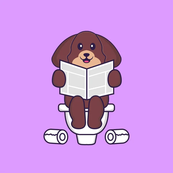 Chien Mignon Caca Sur Les Toilettes Lire Journal Concept Dessin — Image vectorielle