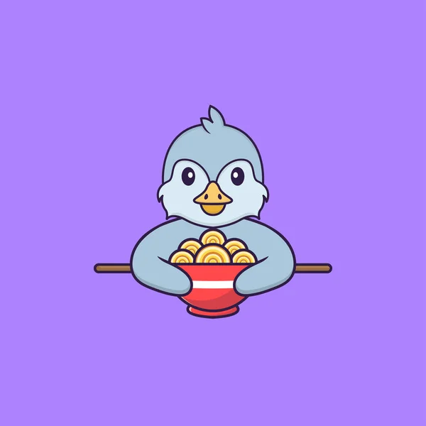 Mignon Oiseau Mangeant Des Nouilles Ramen Concept Dessin Animé Animal — Image vectorielle