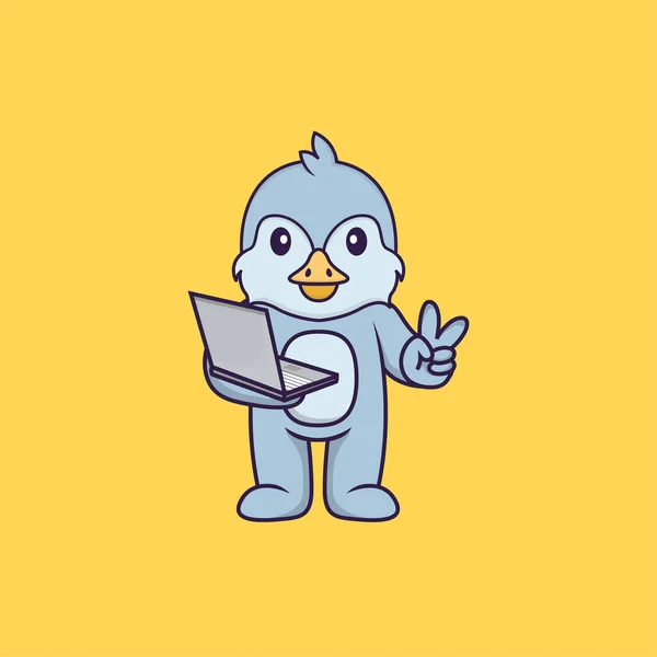 Netter Vogel Mit Laptop Animal Cartoon Konzept Isoliert Kann Für — Stockvektor