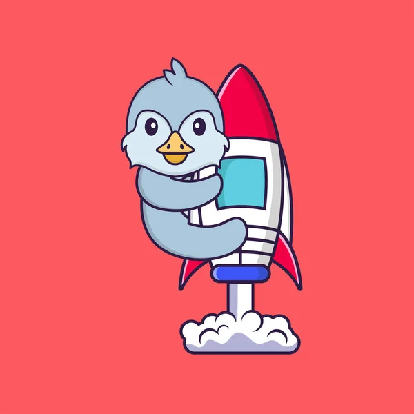 Cute bird flying on rocket. Animal cartoon concept isolated. Can used for t-shirt, greeting card, invitation card or mascot.