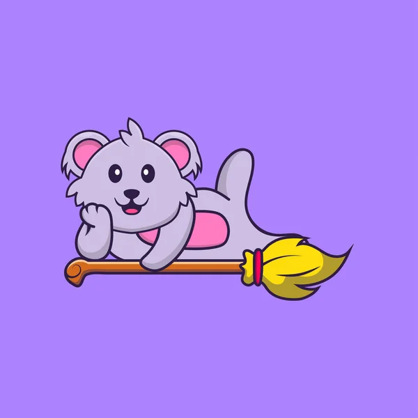 Lindo Koala Acostado Magic Broom Animal Concepto Dibujos Animados Aislado — Vector de stock