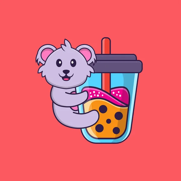 Mignon Koala Boire Thé Lait Boba Concept Dessin Animé Animal — Image vectorielle
