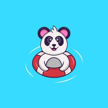 Şirin Panda şamandırayla yüzüyor. Hayvan çizgi film kavramı izole edildi. Tişört, tebrik kartı, davetiye kartı ya da maskot olarak kullanılabilir..
