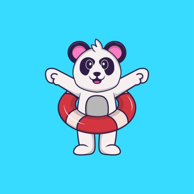 Şamandıra kullanan sevimli panda. Hayvan çizgi film kavramı izole edildi. Tişört, tebrik kartı, davetiye kartı ya da maskot olarak kullanılabilir..