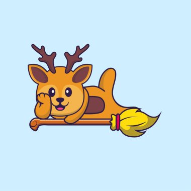 Sihirli Süpürge 'de yatan sevimli geyik. Hayvan çizgi film kavramı izole edildi. Tişört, tebrik kartı, davetiye kartı ya da maskot olarak kullanılabilir..