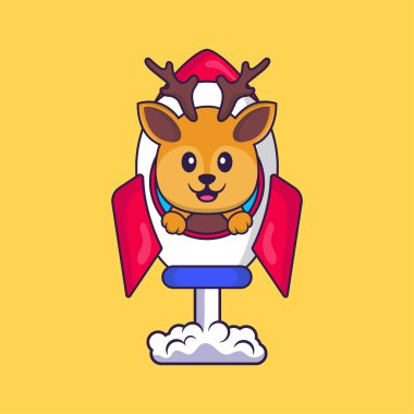 Roketin üstünde uçan sevimli bir geyik. Hayvan çizgi film kavramı izole edildi. Tişört, tebrik kartı, davetiye kartı ya da maskot olarak kullanılabilir..