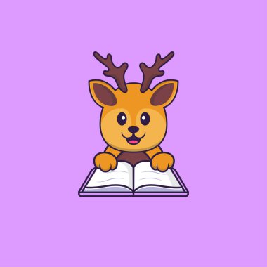 Kitap okuyan sevimli bir geyik. Hayvan çizgi film kavramı izole edildi. Tişört, tebrik kartı, davetiye kartı ya da maskot olarak kullanılabilir..