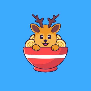 Erişte yiyen sevimli geyik. Hayvan çizgi film kavramı izole edildi. Tişört, tebrik kartı, davetiye kartı ya da maskot olarak kullanılabilir..