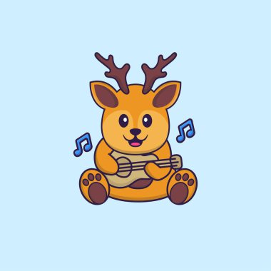 Gitar çalan sevimli bir geyik. Hayvan çizgi film kavramı izole edildi. Tişört, tebrik kartı, davetiye kartı ya da maskot olarak kullanılabilir..