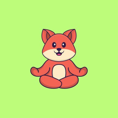 Şirin tilki ya meditasyon yapıyor ya da yoga yapıyor. Hayvan çizgi film kavramı izole edildi. Tişört, tebrik kartı, davetiye kartı ya da maskot olarak kullanılabilir..